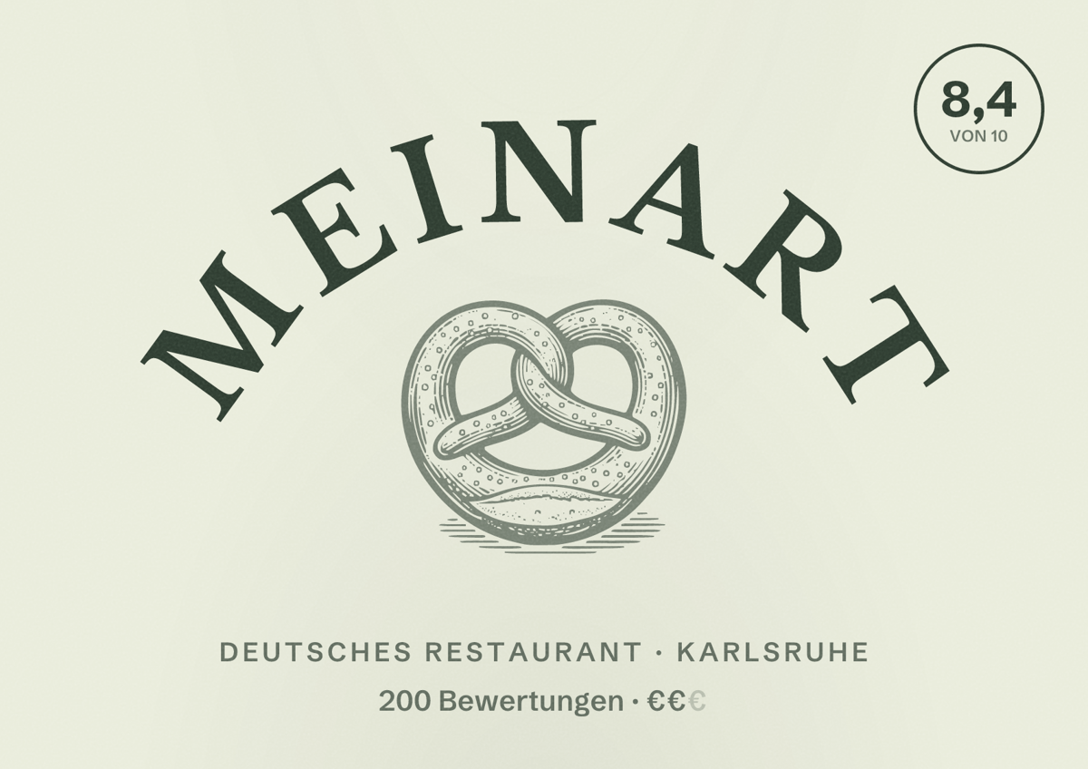 Illustriertes Poster von meinART, Deutsches Restaurant in Karlsruhe: Bewertung 8,4 von 10 aus 200 Bewertungen, Preisniveau €€