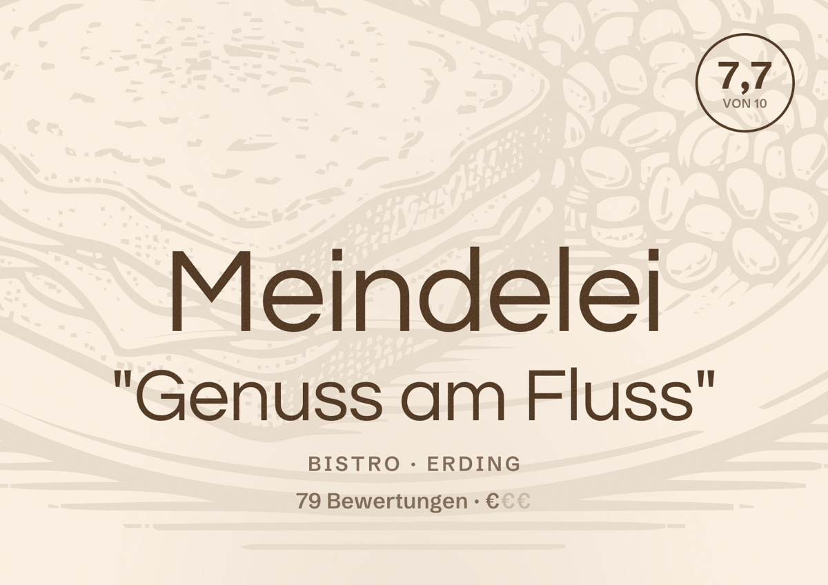 Illustriertes Poster von Meindelei "Genuss am Fluss", Bistro in Erding: Bewertung 7,7 von 10 aus 79 Bewertungen, Preisniveau €