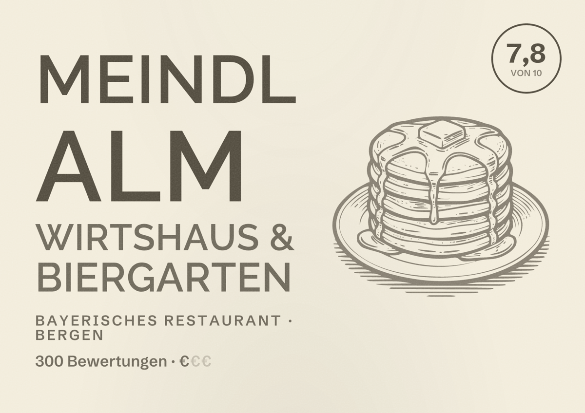 Illustriertes Poster von Meindl Alm Wirtshaus & Biergarten, Bayerisches Restaurant in Bergen: Bewertung 7,8 von 10 aus 300 Bewertungen, Preisniveau €