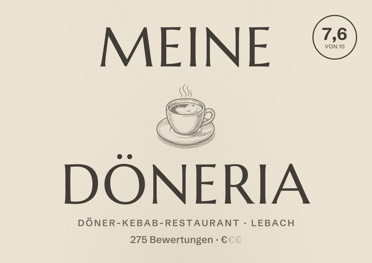 Illustriertes Poster von Meine Döneria, Döner-Kebab-Restaurant in Lebach: Bewertung 7,6 von 10 aus 275 Bewertungen, Preisniveau €