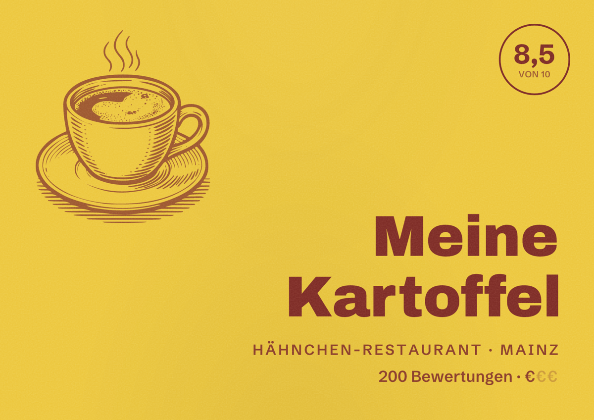 Illustriertes Poster von Meine Kartoffel, Hähnchen-Restaurant in Mainz: Bewertung 8,5 von 10 aus 200 Bewertungen, Preisniveau €