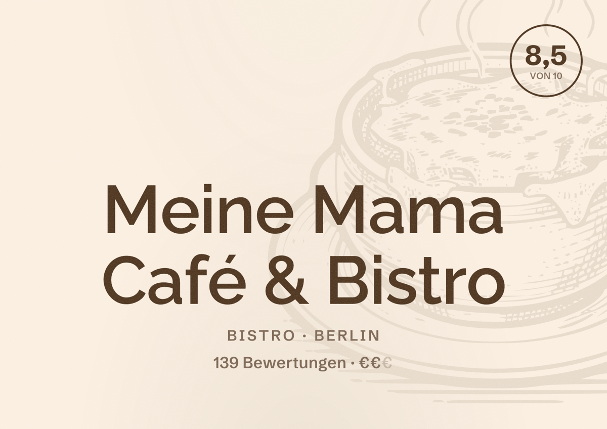 Illustriertes Poster von Meine Mama Café & Bistro, Bistro in Berlin: Bewertung 8,5 von 10 aus 139 Bewertungen, Preisniveau €€