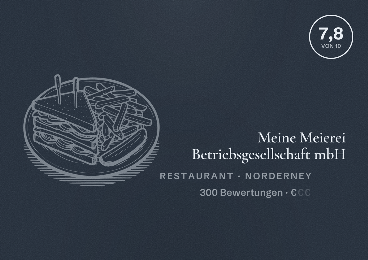 Illustriertes Poster von Meine Meierei Betriebsgesellschaft mbH, Restaurant in Norderney: Bewertung 7,8 von 10 aus 300 Bewertungen, Preisniveau €