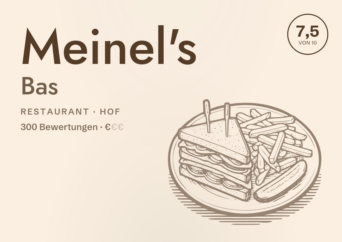 Illustriertes Poster von Meinel's Bas, Restaurant in Hof: Bewertung 7,5 von 10 aus 300 Bewertungen, Preisniveau €