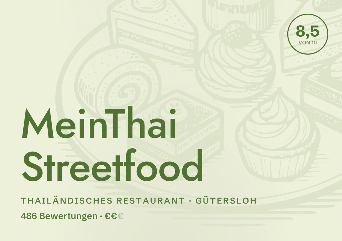 Illustriertes Poster von MeinThai Streetfood, Thailändisches Restaurant in Gütersloh: Bewertung 8,5 von 10 aus 486 Bewertungen, Preisniveau €€