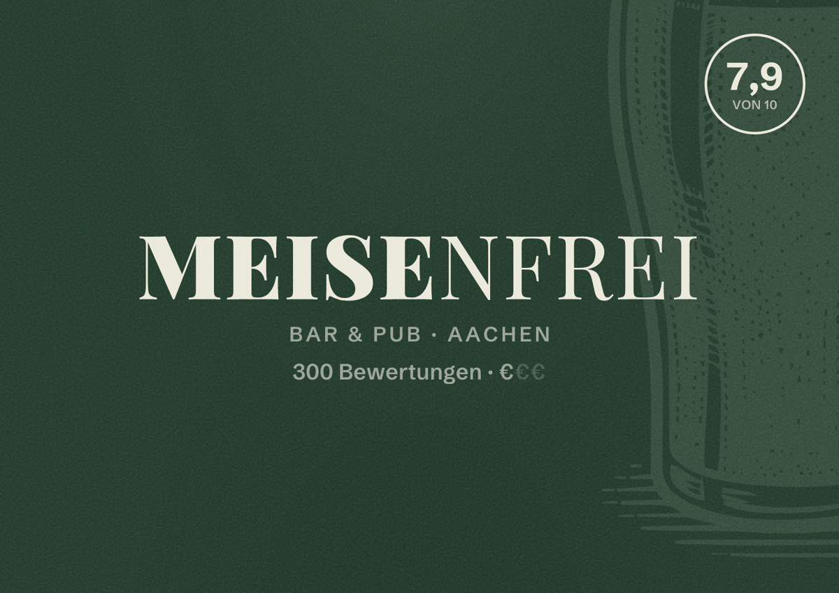 Illustriertes Poster von Meisenfrei, Bar & Pub in Aachen: Bewertung 7,9 von 10 aus 300 Bewertungen, Preisniveau €
