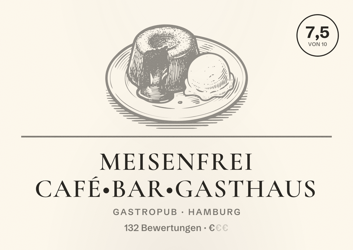 Illustriertes Poster von Meisenfrei Café•Bar•Gasthaus, Gastropub in Hamburg: Bewertung 7,5 von 10 aus 132 Bewertungen, Preisniveau €