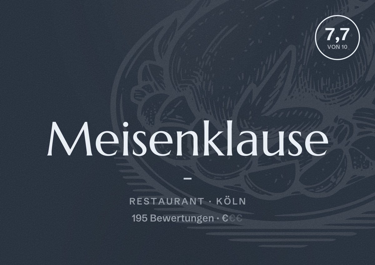 Illustriertes Poster von Meisenklause -, Restaurant in Köln: Bewertung 7,7 von 10 aus 195 Bewertungen, Preisniveau €