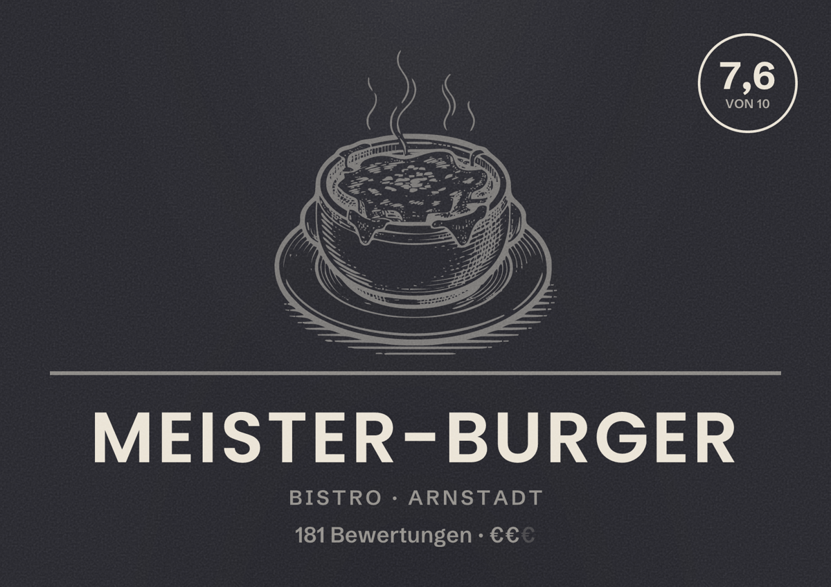 Illustriertes Poster von Meister-Burger, Bistro in Arnstadt: Bewertung 7,6 von 10 aus 181 Bewertungen, Preisniveau €€