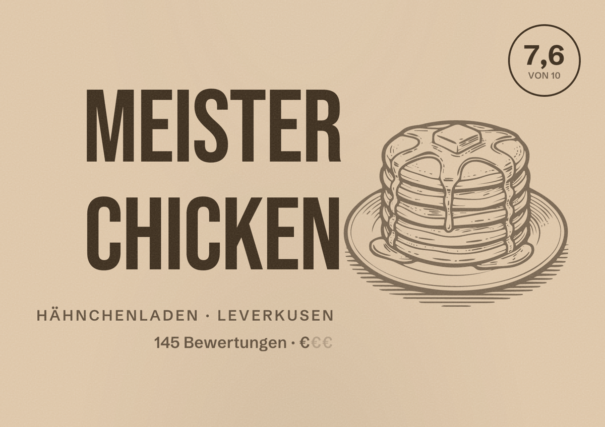 Illustriertes Poster von Meister Chicken, Hähnchenladen in Leverkusen: Bewertung 7,6 von 10 aus 145 Bewertungen, Preisniveau €