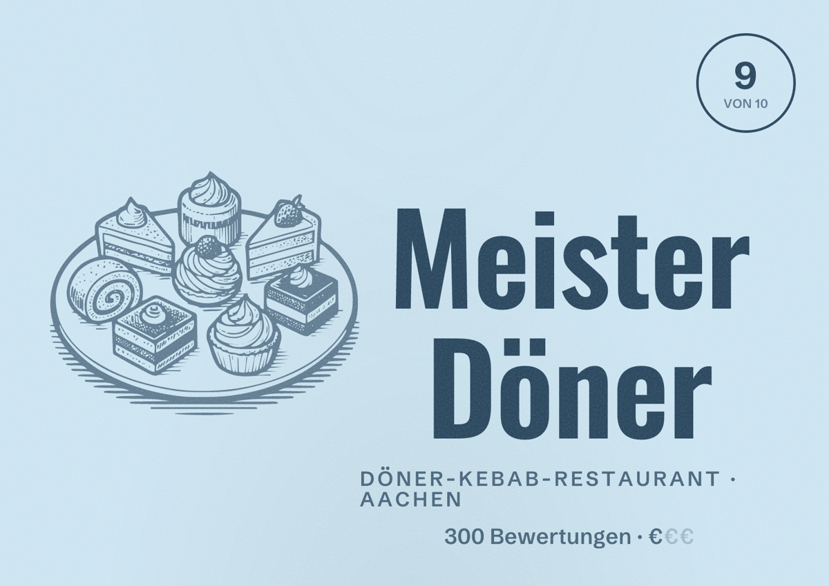Illustriertes Poster von Meister Döner, Döner-Kebab-Restaurant in Aachen: Bewertung 9,0 von 10 aus 300 Bewertungen, Preisniveau €