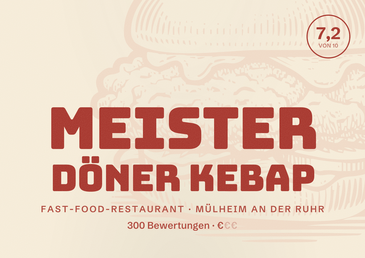 Illustriertes Poster von Meister Döner Kebap, Fast-Food-Restaurant in Mülheim an der Ruhr: Bewertung 7,2 von 10 aus 300 Bewertungen, Preisniveau €