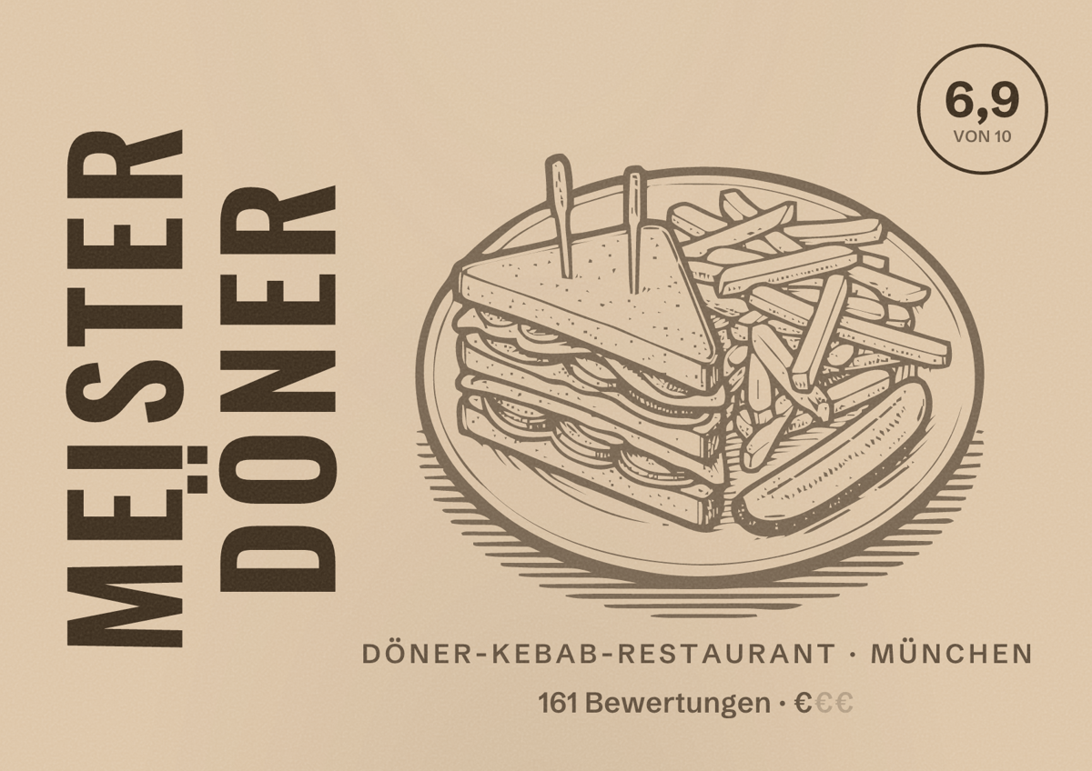 Illustriertes Poster von Meister Döner, Döner-Kebab-Restaurant in München: Bewertung 6,9 von 10 aus 161 Bewertungen, Preisniveau €