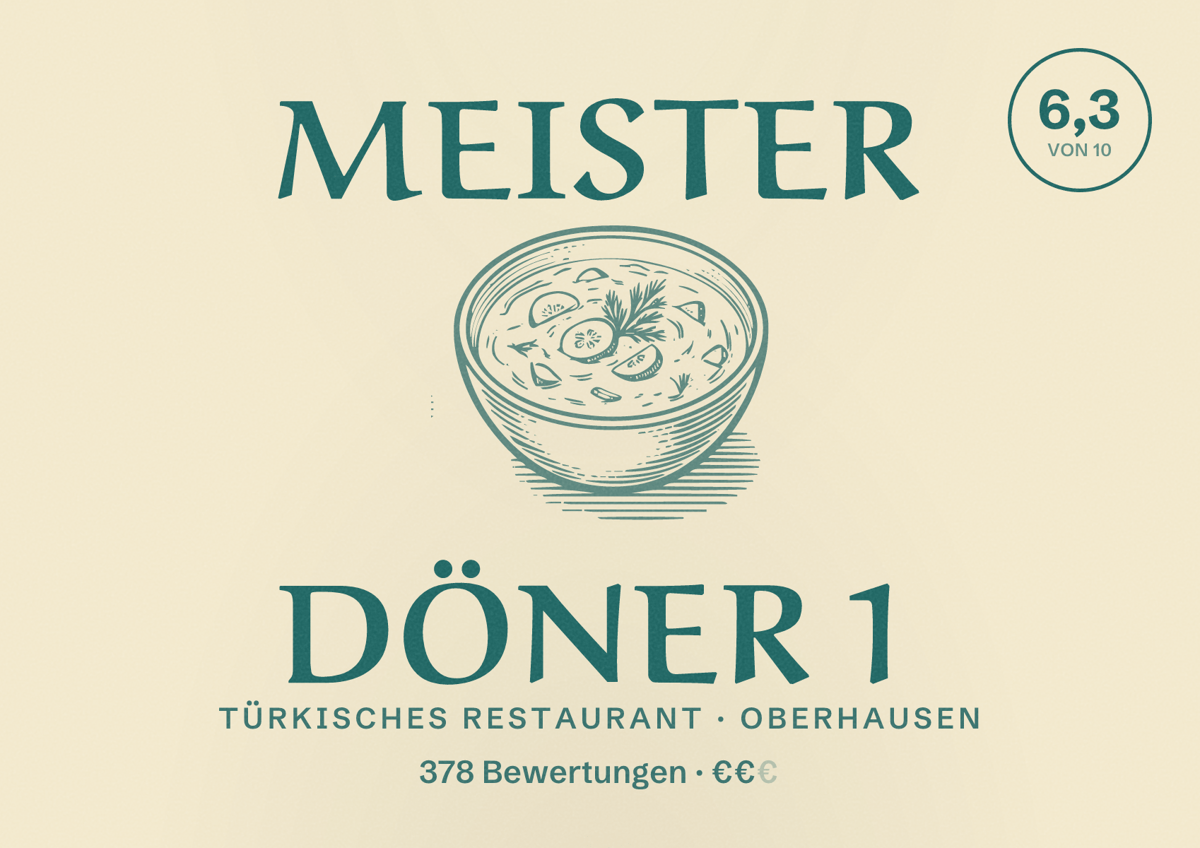 Illustriertes Poster von Meister Döner 1, Türkisches Restaurant in Oberhausen: Bewertung 6,3 von 10 aus 378 Bewertungen, Preisniveau €€