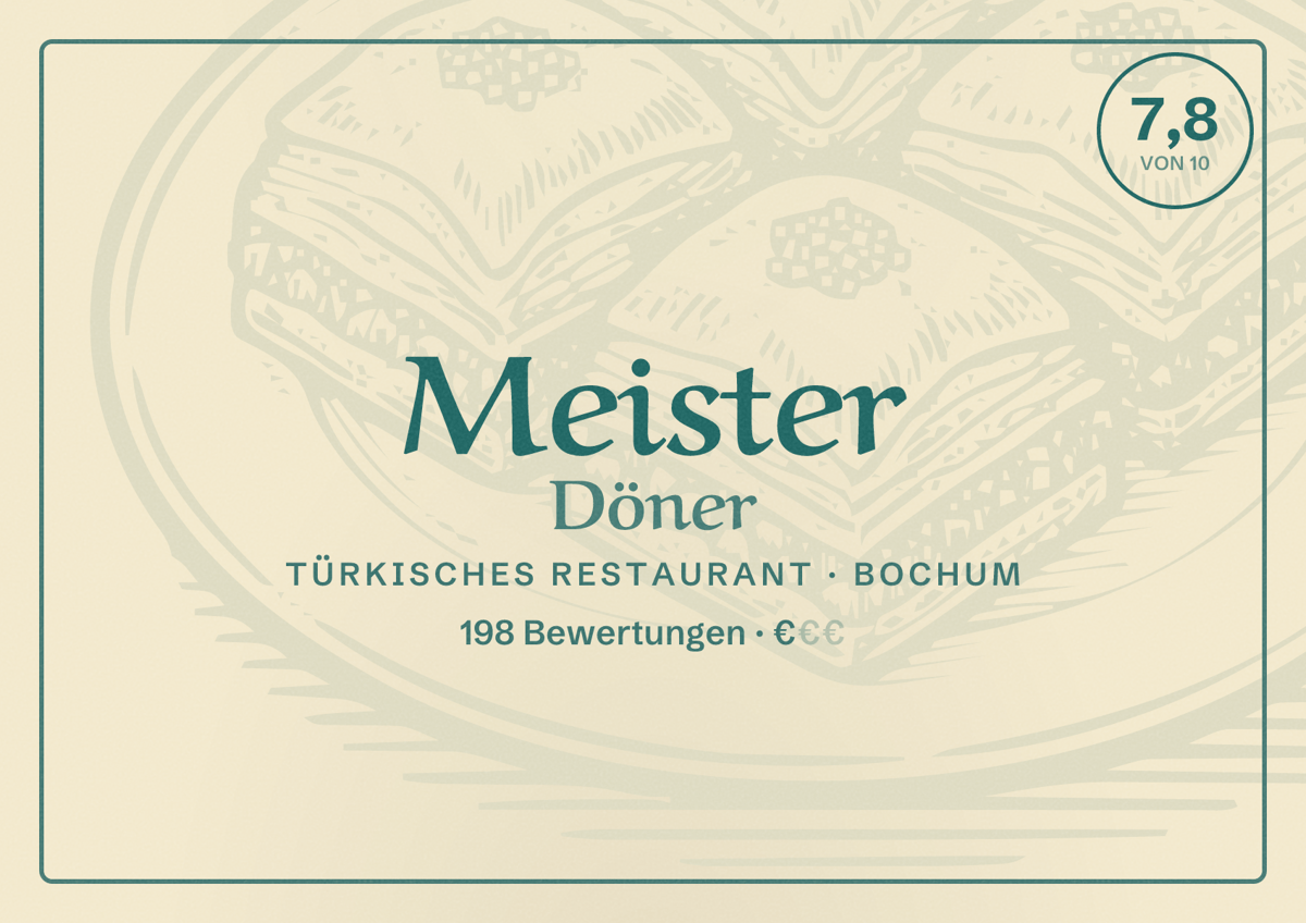 Illustriertes Poster von Meister Döner, Türkisches Restaurant in Bochum: Bewertung 7,8 von 10 aus 198 Bewertungen, Preisniveau €