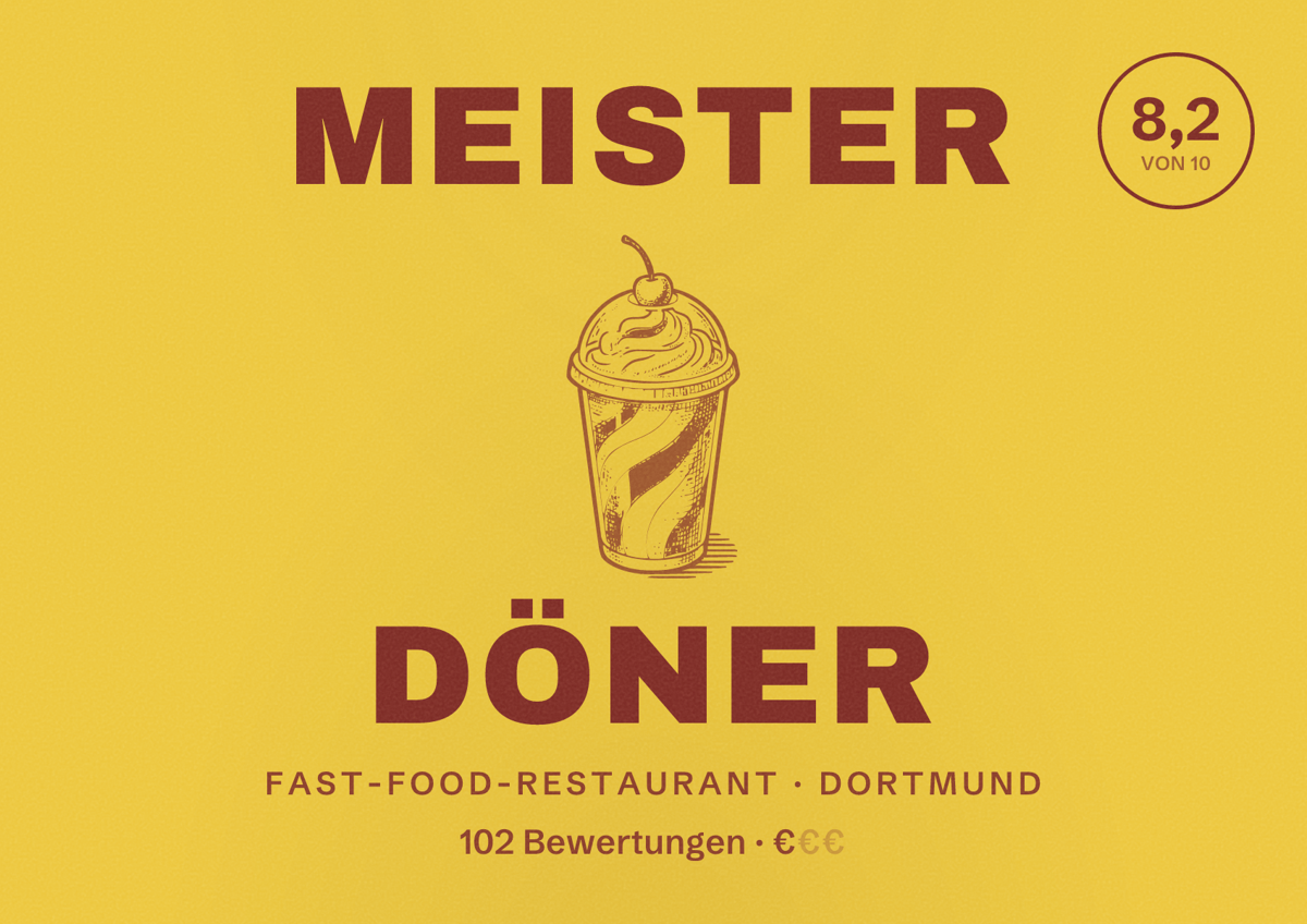 Illustriertes Poster von Meister Döner, Fast-Food-Restaurant in Dortmund: Bewertung 8,2 von 10 aus 102 Bewertungen, Preisniveau €
