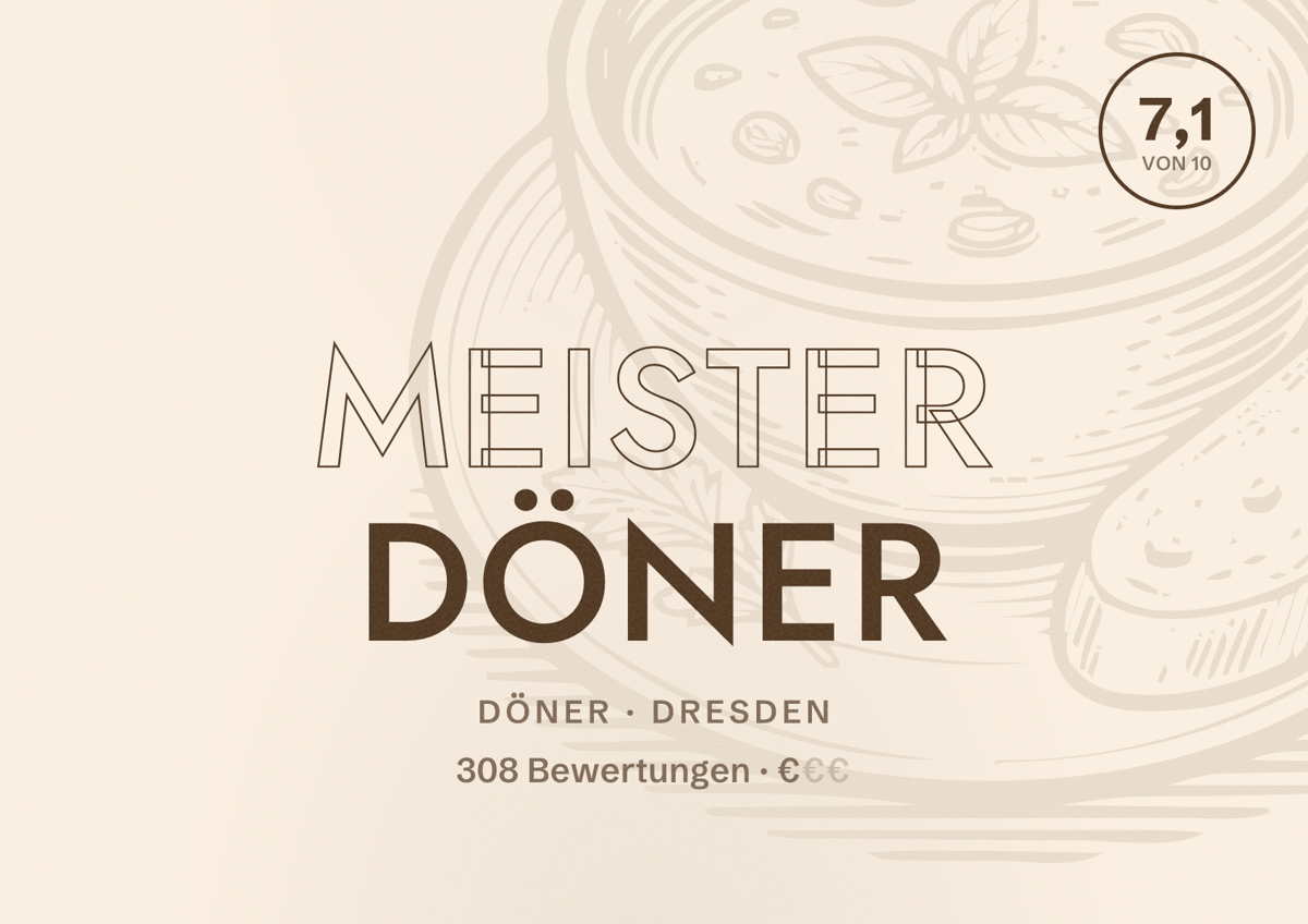 Illustriertes Poster von Meister Döner, Döner in Dresden: Bewertung 7,1 von 10 aus 308 Bewertungen, Preisniveau €