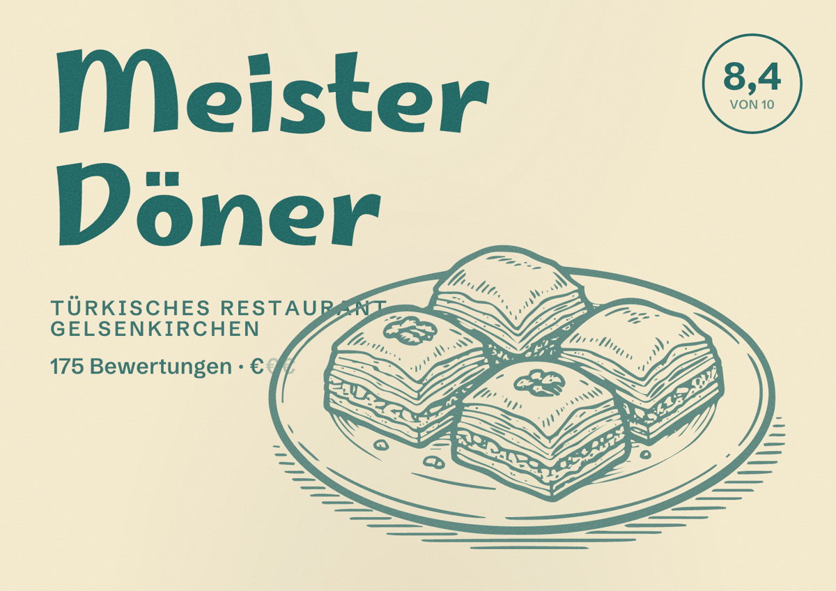 Illustriertes Poster von Meister Döner, Türkisches Restaurant in Gelsenkirchen: Bewertung 8,4 von 10 aus 175 Bewertungen, Preisniveau €