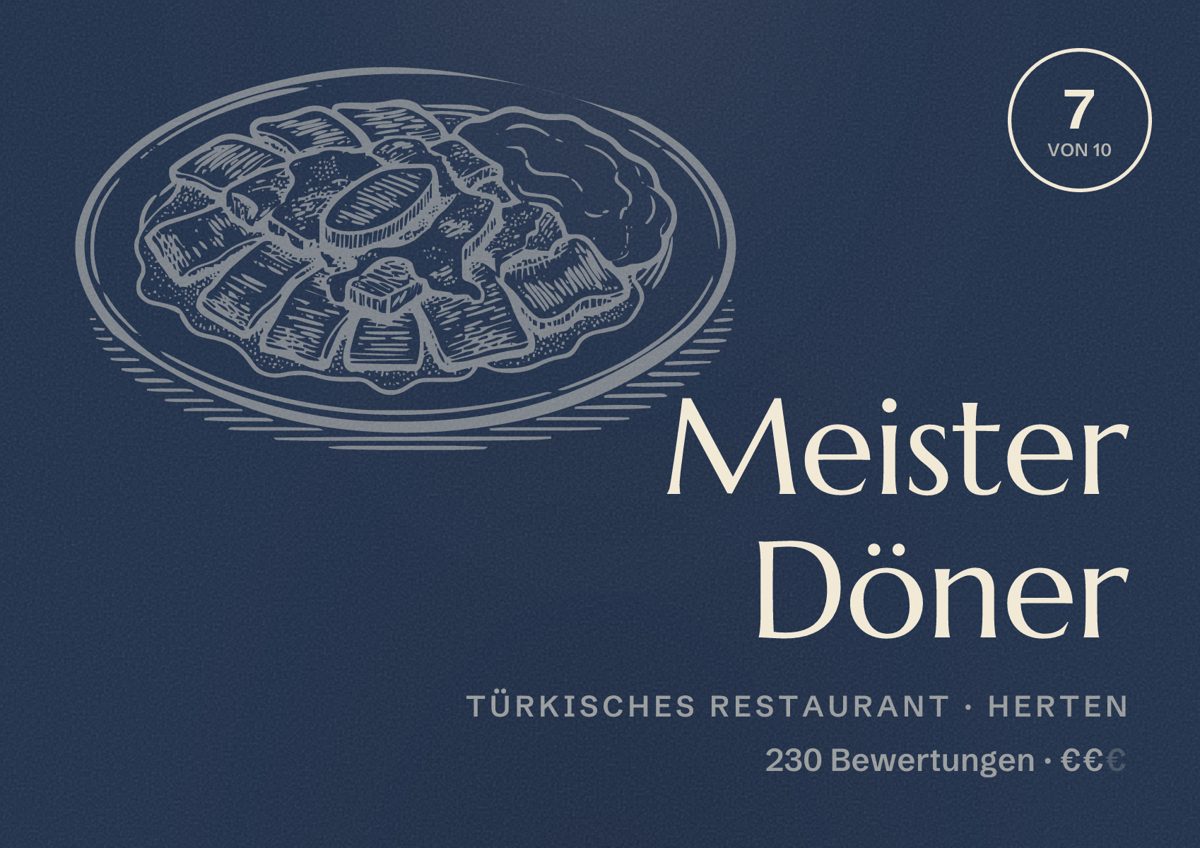 Illustriertes Poster von Meister Döner, Türkisches Restaurant in Herten: Bewertung 7 von 10 aus 230 Bewertungen, Preisniveau €€