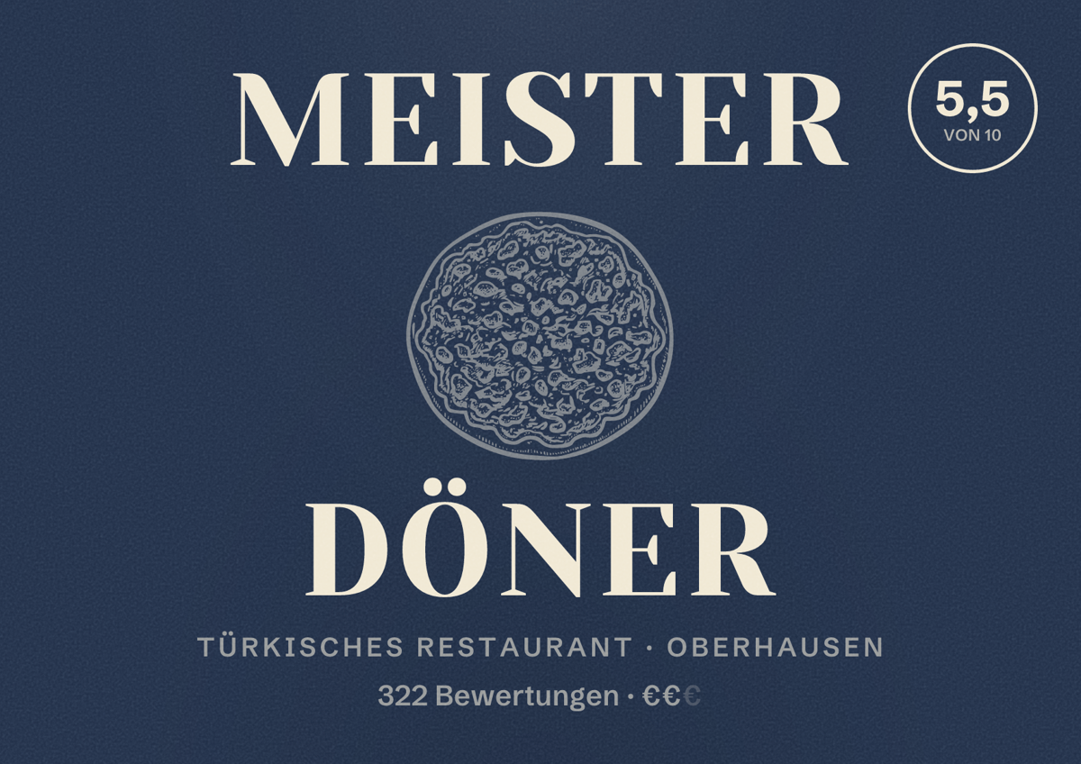 Illustriertes Poster von Meister Döner, Türkisches Restaurant in Oberhausen: Bewertung 5,5 von 10 aus 322 Bewertungen, Preisniveau €€