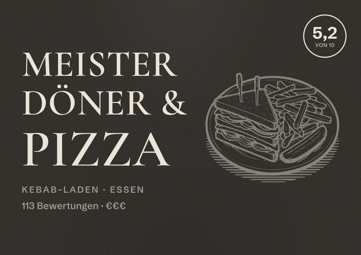 Illustriertes Poster von Meister Döner & Pizza, Kebab-Laden in Essen: Bewertung 5,2 von 10 aus 113 Bewertungen, Preisniveau €€€
