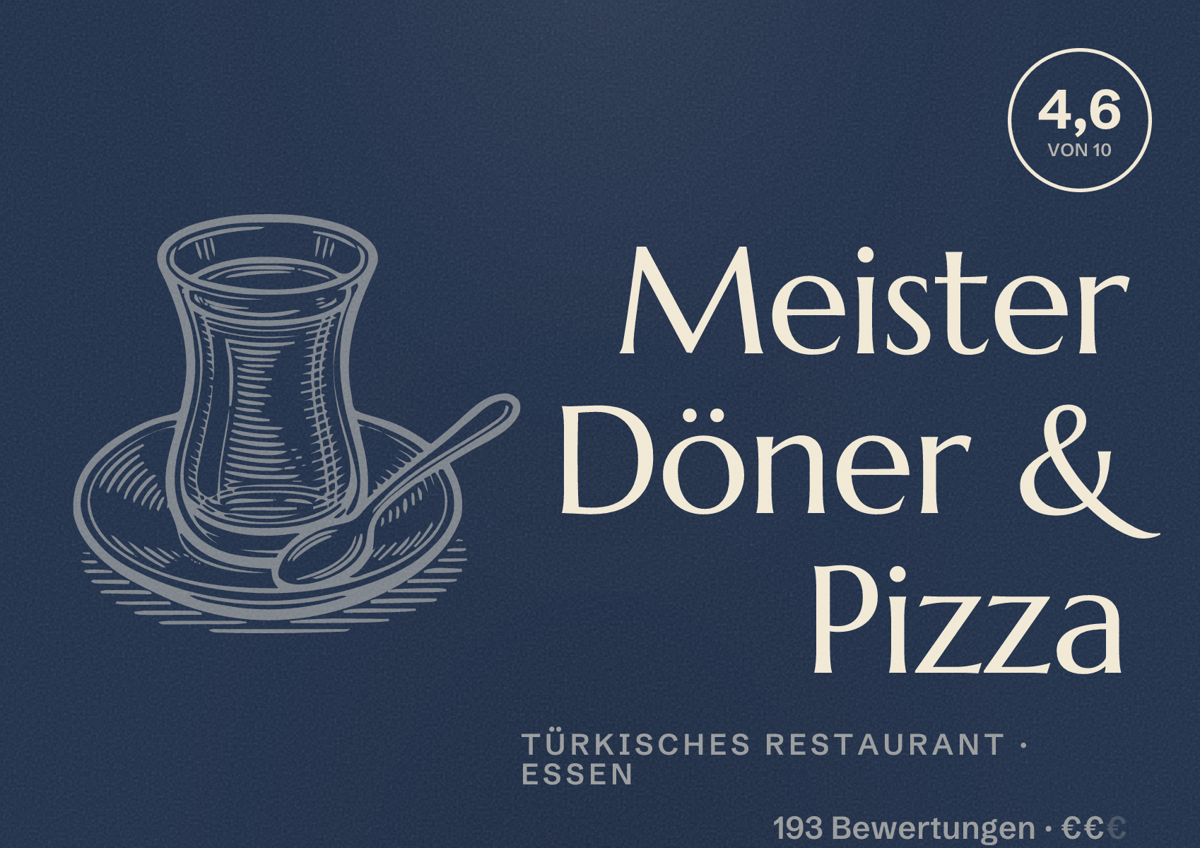 Illustriertes Poster von Meister Döner & Pizza, Türkisches Restaurant in Essen: Bewertung 4,6 von 10 aus 193 Bewertungen, Preisniveau €€