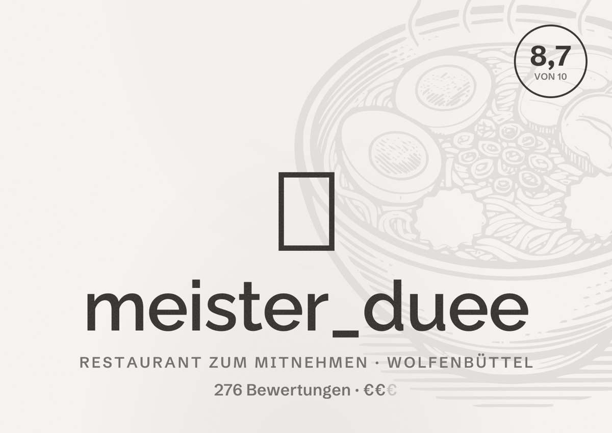 Illustriertes Poster von 🍔 meister_duee, Restaurant zum Mitnehmen in Wolfenbüttel: Bewertung 8,7 von 10 aus 276 Bewertungen, Preisniveau €€