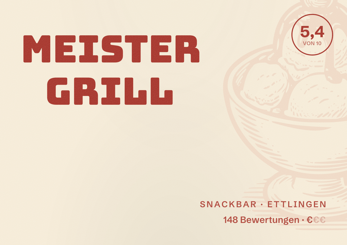 Illustriertes Poster von Meister Grill, Snackbar in Ettlingen: Bewertung 5,4 von 10 aus 148 Bewertungen, Preisniveau €