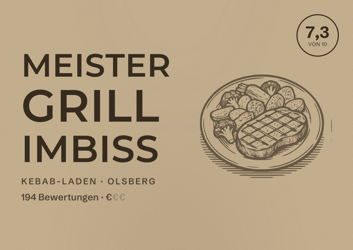 Illustriertes Poster von Meister Grill Imbiss, Kebab-Laden in Olsberg: Bewertung 7,3 von 10 aus 194 Bewertungen, Preisniveau €
