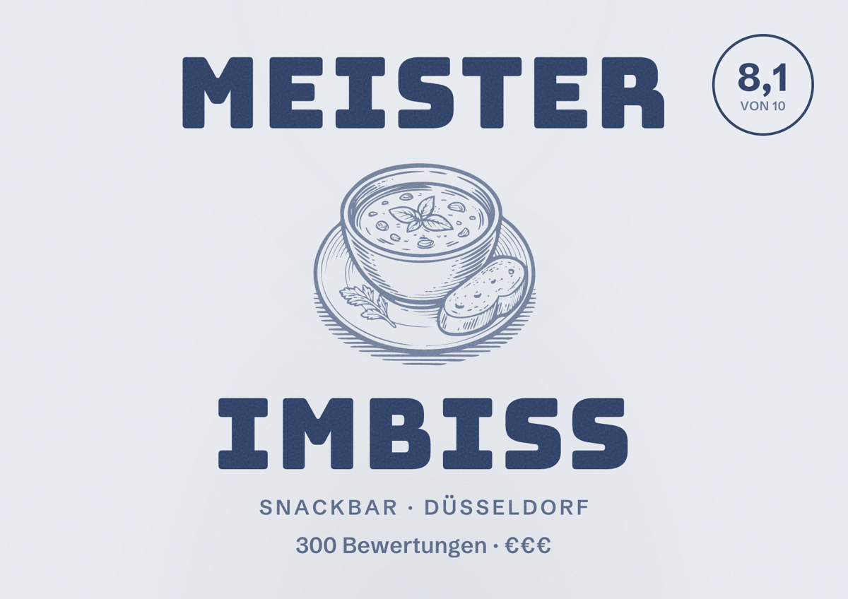 Illustriertes Poster von Meister Imbiss, Snackbar in Düsseldorf: Bewertung 8,1 von 10 aus 300 Bewertungen, Preisniveau €€€