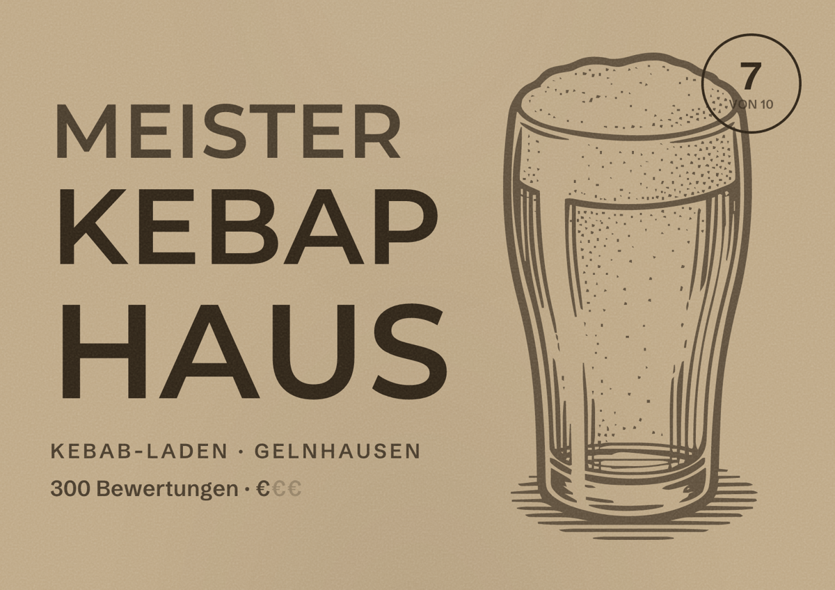 Illustriertes Poster von Meister Kebap Haus, Kebab-Laden in Gelnhausen: Bewertung 7 von 10 aus 300 Bewertungen, Preisniveau €