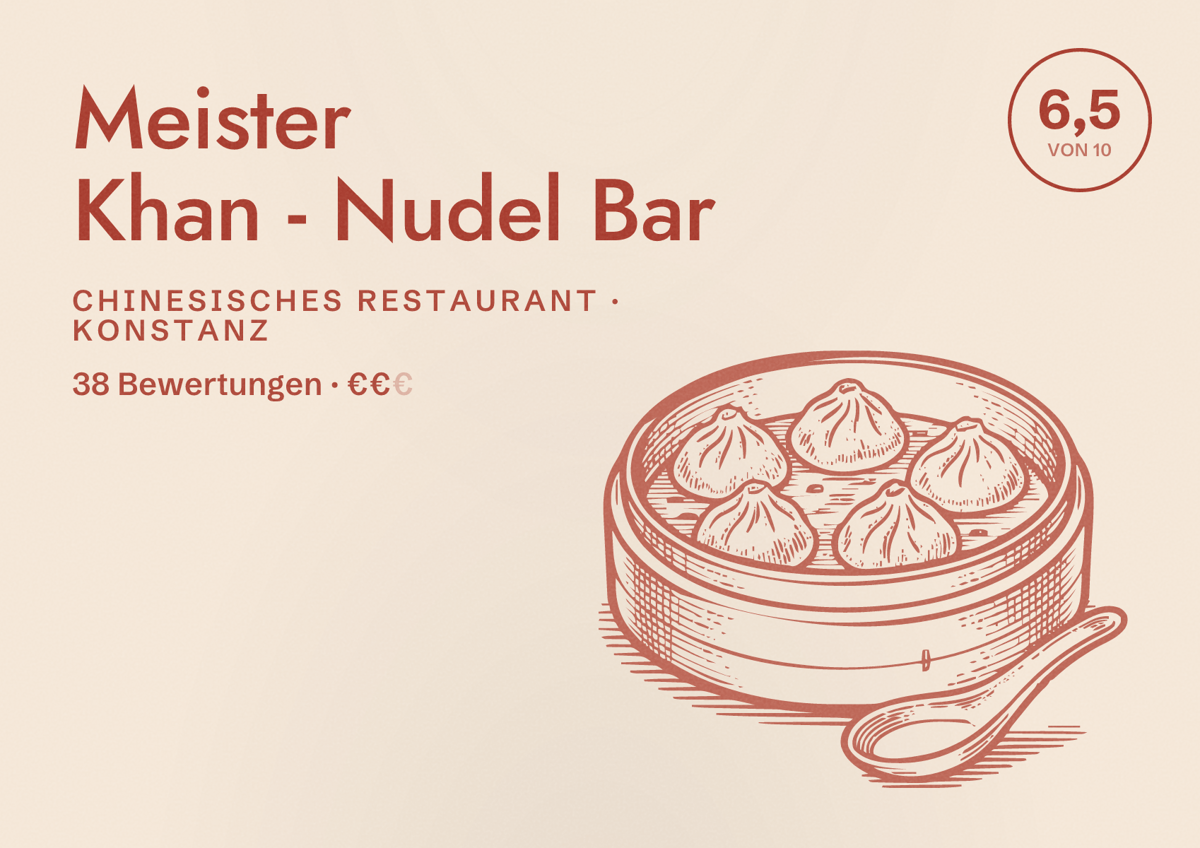 Illustriertes Poster von Meister Khan - Nudel Bar, Chinesisches Restaurant in Konstanz: Bewertung 6,5 von 10 aus 38 Bewertungen, Preisniveau €€
