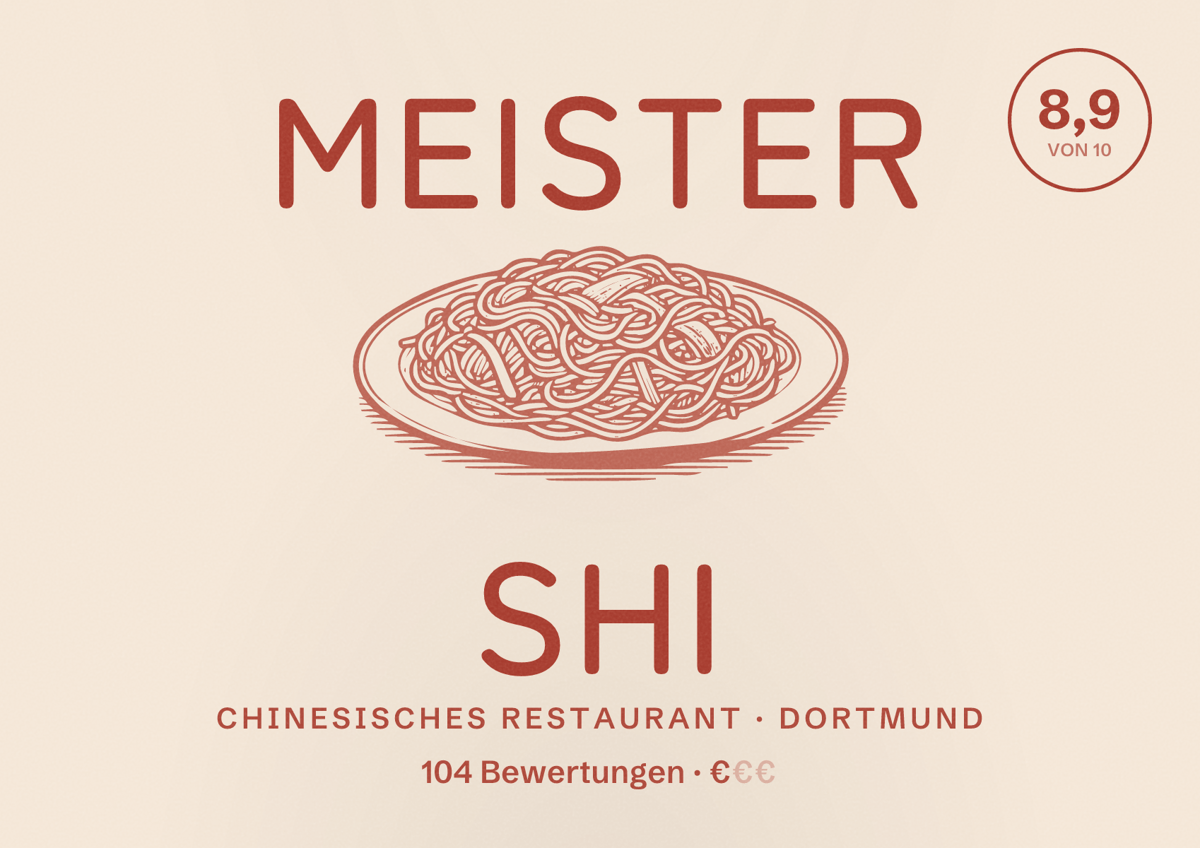 Illustriertes Poster von Meister Shi, Chinesisches Restaurant in Dortmund: Bewertung 8,9 von 10 aus 104 Bewertungen, Preisniveau €