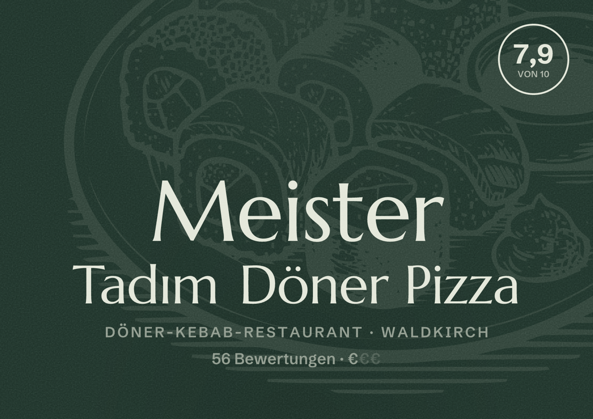 Illustriertes Poster von Meister Tadım Döner Pizza, Döner-Kebab-Restaurant in Waldkirch: Bewertung 7,9 von 10 aus 56 Bewertungen, Preisniveau €