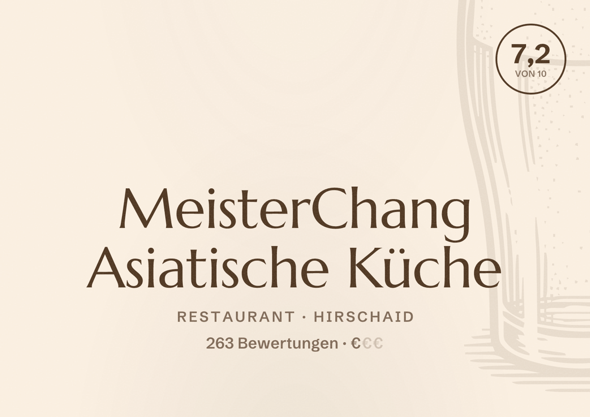 Illustriertes Poster von MeisterChang Asiatische Küche, Restaurant in Hirschaid: Bewertung 7,2 von 10 aus 263 Bewertungen, Preisniveau €