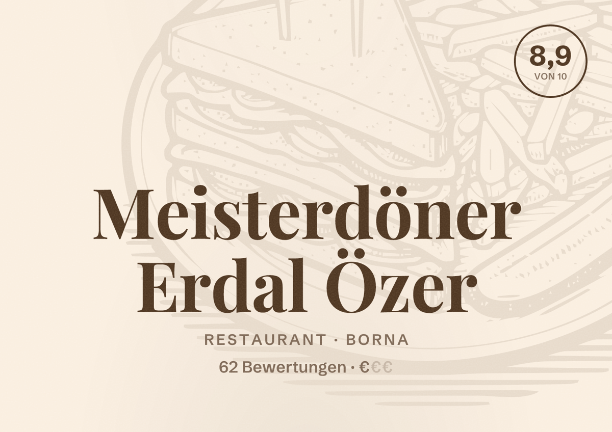 Illustriertes Poster von Meisterdöner Erdal Özer, Restaurant in Borna: Bewertung 8,9 von 10 aus 62 Bewertungen, Preisniveau €