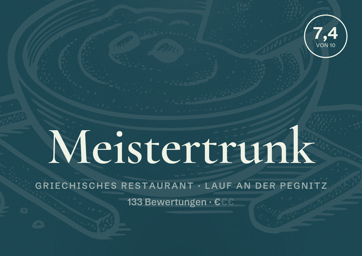 Illustriertes Poster von Meistertrunk, Griechisches Restaurant in Lauf an der Pegnitz: Bewertung 7,4 von 10 aus 133 Bewertungen, Preisniveau €