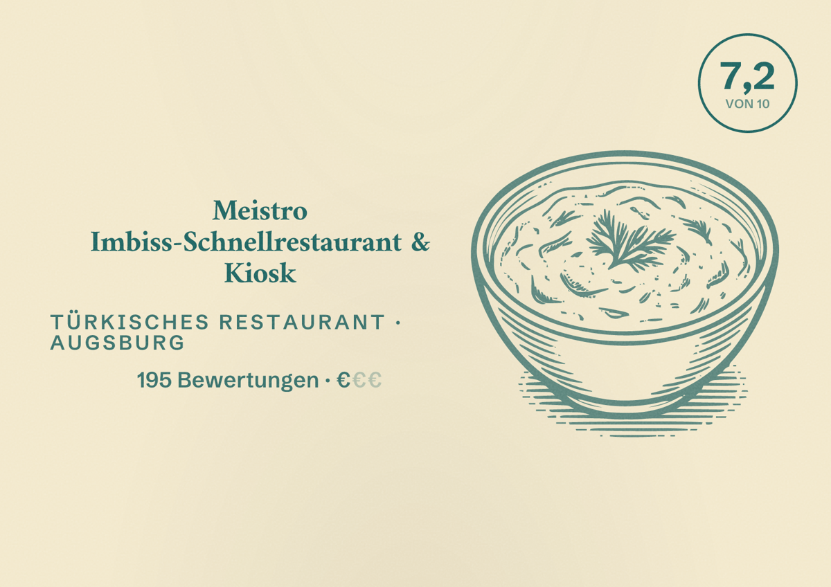 Illustriertes Poster von Meistro Imbiss-Schnellrestaurant & Kiosk, Türkisches Restaurant in Augsburg: Bewertung 7,2 von 10 aus 195 Bewertungen, Preisniveau €