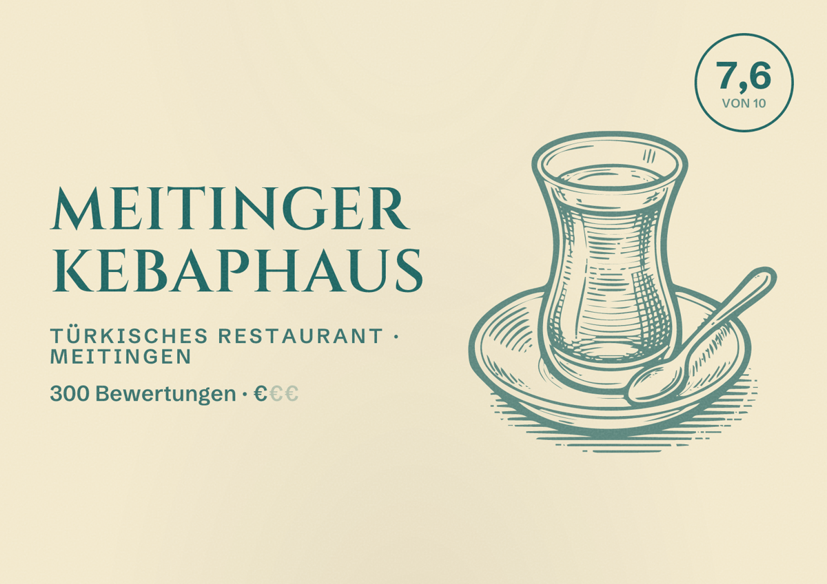 Illustriertes Poster von Meitinger Kebaphaus, Türkisches Restaurant in Meitingen: Bewertung 7,6 von 10 aus 300 Bewertungen, Preisniveau €
