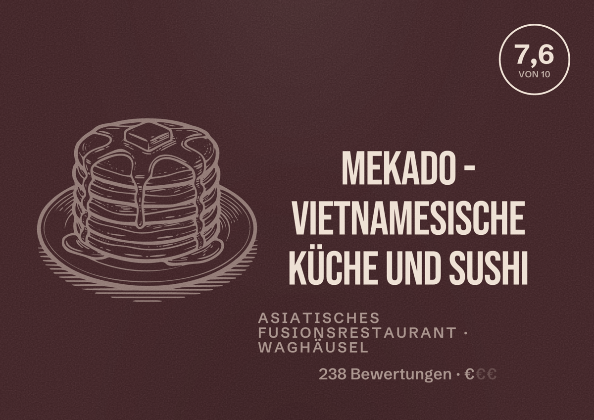 Illustriertes Poster von Mekado - vietnamesische Küche und Sushi, Asiatisches Fusionsrestaurant in Waghäusel: Bewertung 7,6 von 10 aus 238 Bewertungen, Preisniveau €