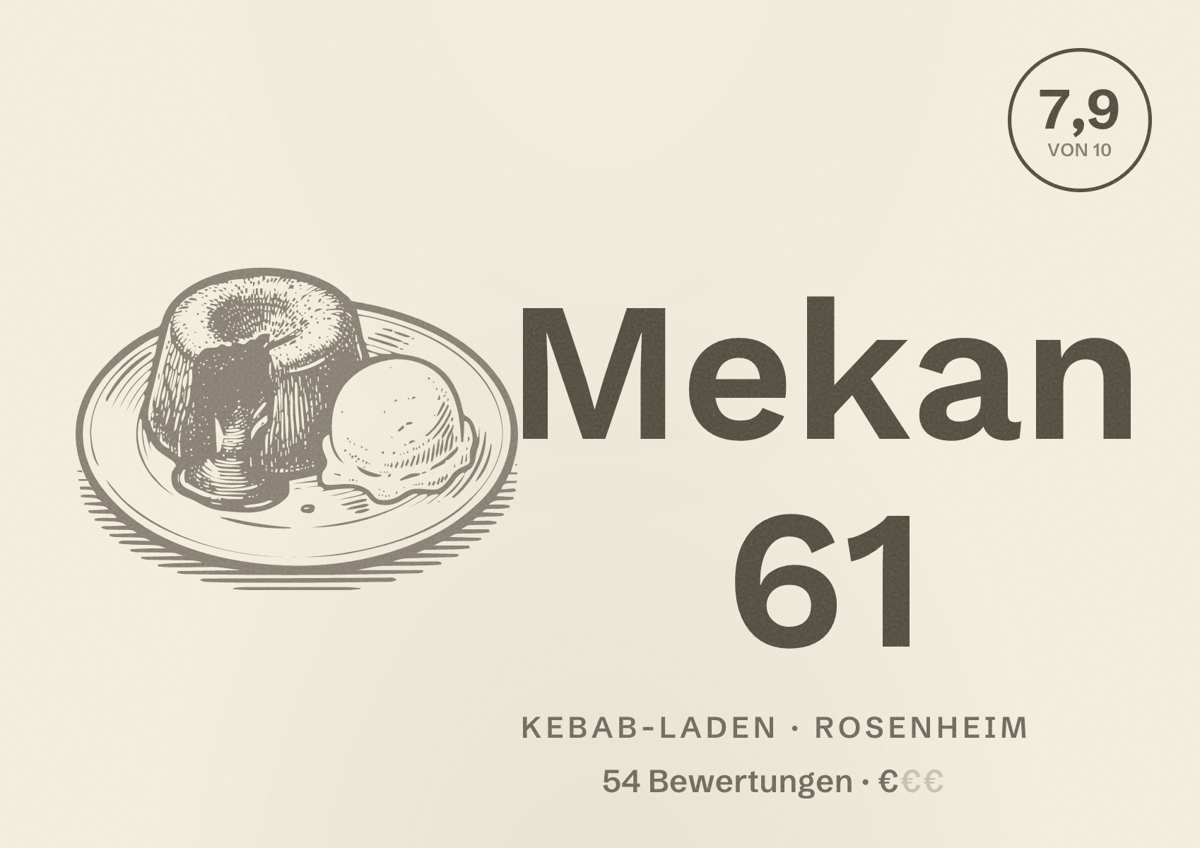 Illustriertes Poster von Mekan 61, Kebab-Laden in Rosenheim: Bewertung 7,9 von 10 aus 54 Bewertungen, Preisniveau €