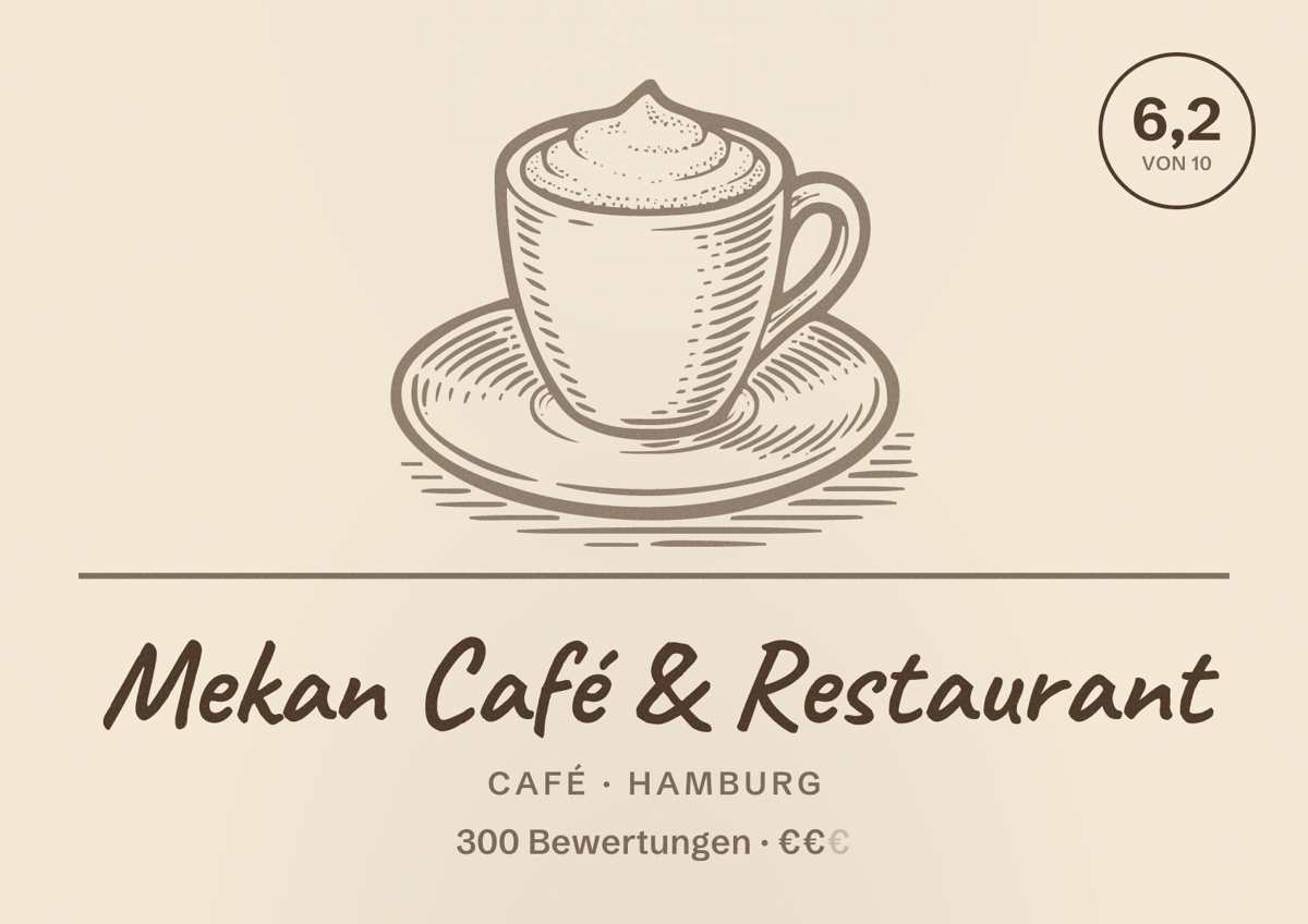Illustriertes Poster von Mekan Café & Restaurant, Café in Hamburg: Bewertung 6,2 von 10 aus 300 Bewertungen, Preisniveau €€