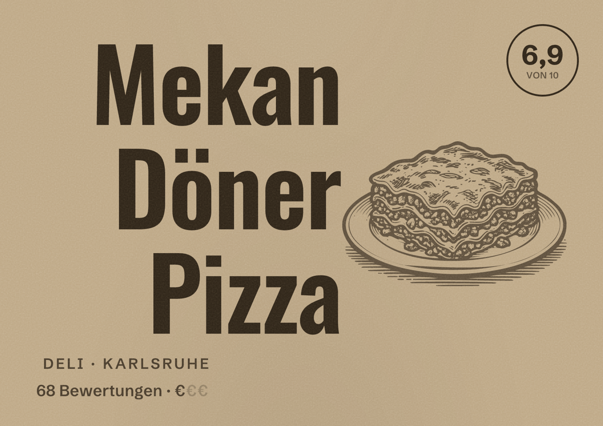 Illustriertes Poster von Mekan Döner Pizza, Deli in Karlsruhe: Bewertung 6,9 von 10 aus 68 Bewertungen, Preisniveau €
