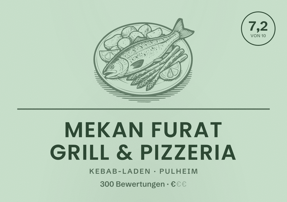 Illustriertes Poster von Mekan Furat Grill & Pizzeria, Kebab-Laden in Pulheim: Bewertung 7,2 von 10 aus 300 Bewertungen, Preisniveau €