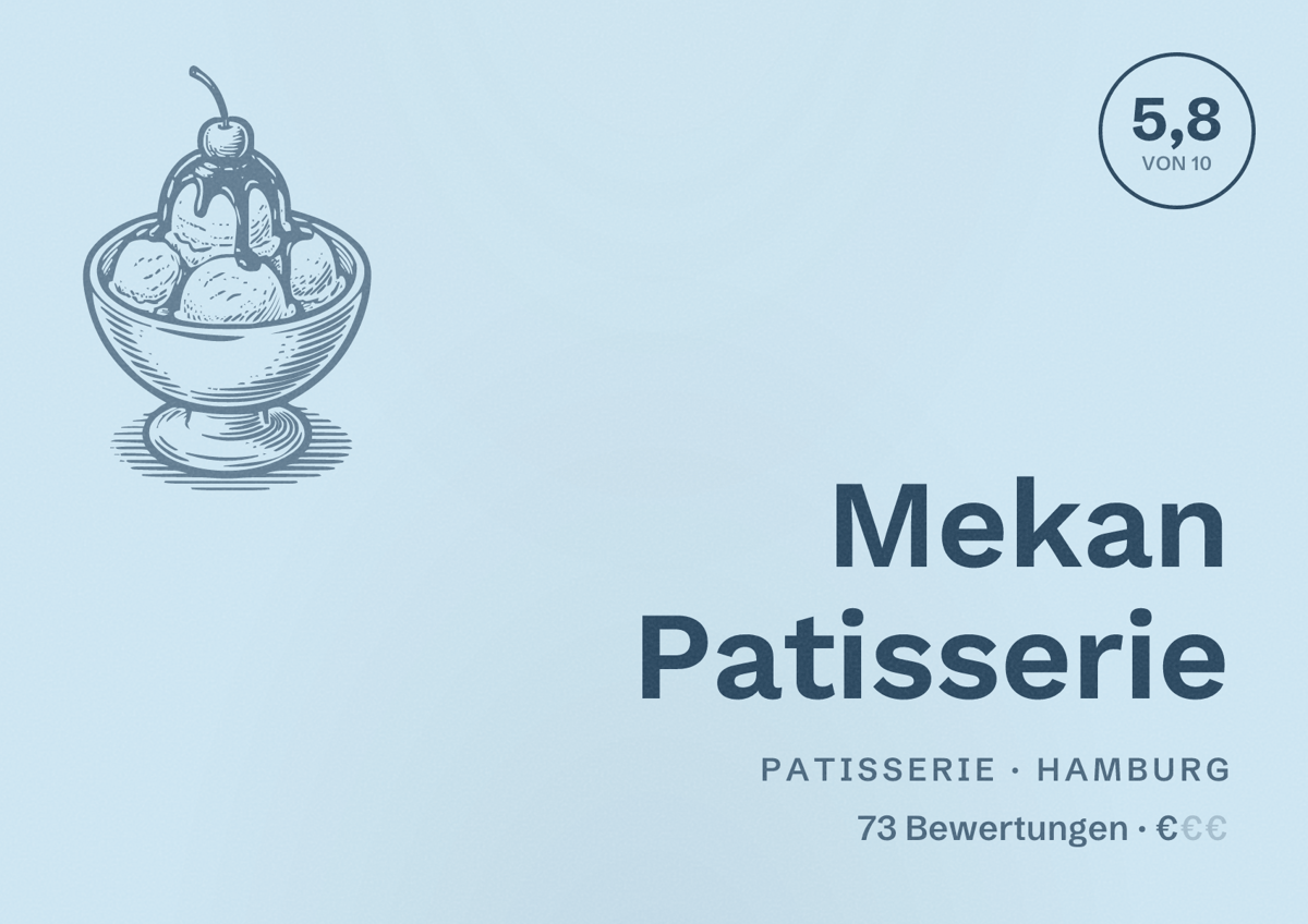 Illustriertes Poster von Mekan Patisserie, Patisserie in Hamburg: Bewertung 5,8 von 10 aus 73 Bewertungen, Preisniveau €