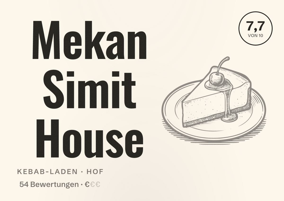 Illustriertes Poster von Mekan Simit House, Kebab-Laden in Hof: Bewertung 7,7 von 10 aus 54 Bewertungen, Preisniveau €