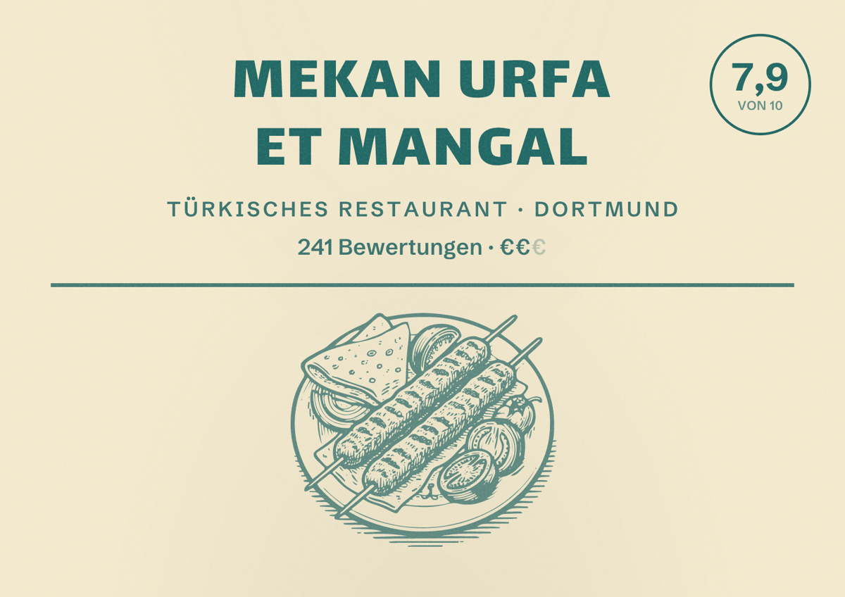 Illustriertes Poster von Mekan Urfa Et Mangal, Türkisches Restaurant in Dortmund: Bewertung 7,9 von 10 aus 241 Bewertungen, Preisniveau €€