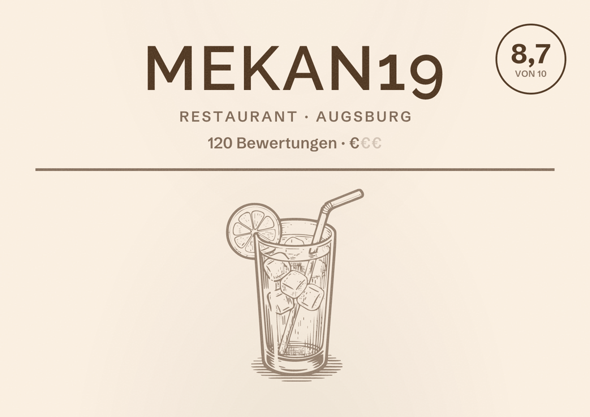 Illustriertes Poster von Mekan19, Restaurant in Augsburg: Bewertung 8,7 von 10 aus 120 Bewertungen, Preisniveau €