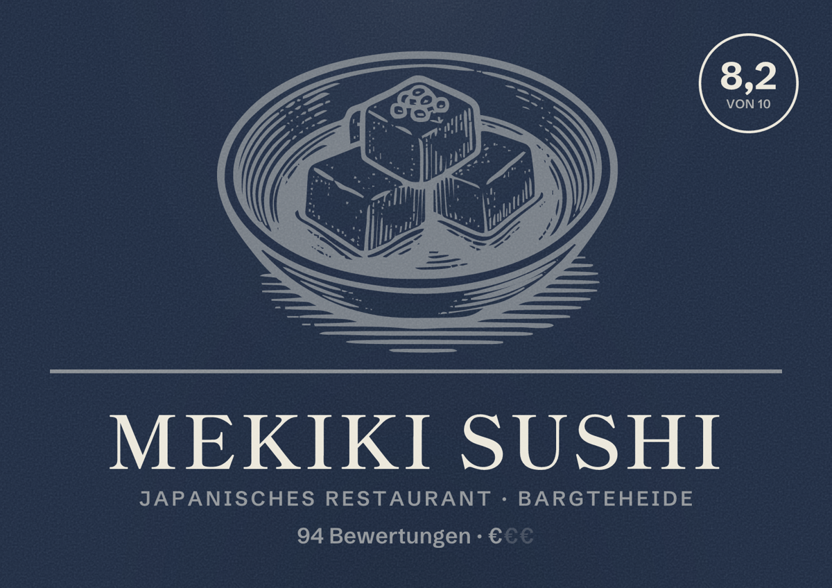 Illustriertes Poster von Mekiki Sushi, Japanisches Restaurant in Bargteheide: Bewertung 8,2 von 10 aus 94 Bewertungen, Preisniveau €