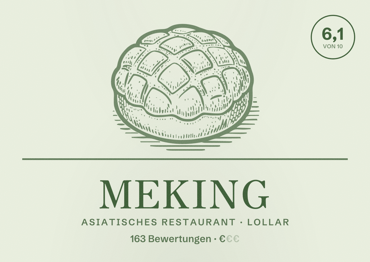 Illustriertes Poster von Meking, Asiatisches Restaurant in Lollar: Bewertung 6,1 von 10 aus 163 Bewertungen, Preisniveau €
